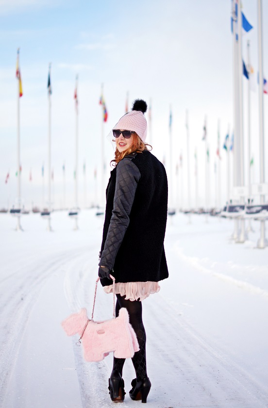 Winnipeg Fashion Blog, Canadian Fashion Blog, Winter 2013, BCBG Max Azria Jaylin pink nude chiffon ruffle tiered pleated skirt, Kate Spade New York Fit to be tied veil hat wool feather pink black, Danier Leather Colette boucle wool leather quilted sleeve coat, Forever 21 pink chiffon bow tie blouse, BCBG Max Azria pink nude belt, Danier Leather driving gloves, My Flat In London pink faux fur scottie dog purse bag, Pretty Polly sparkle faux knee high tights, Chie Mihara black leather ribbon bow Atame bootie shoe